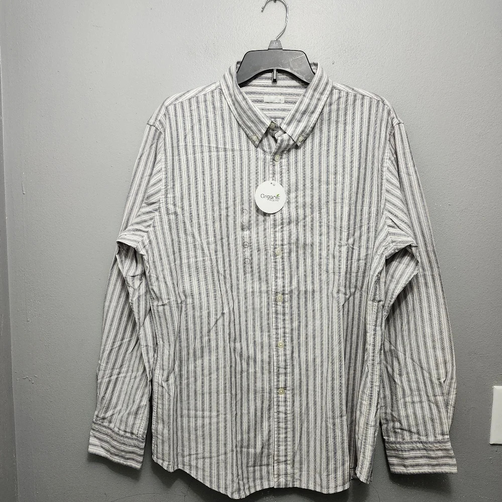Organic cotton men's button-down shirt large long stripped cream and blue - Picture 1 of 9